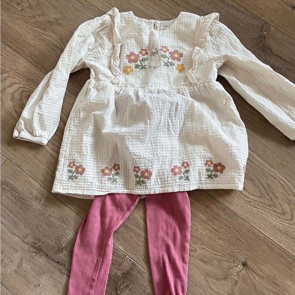 Floral Embroidered Dress with Pink Leggings